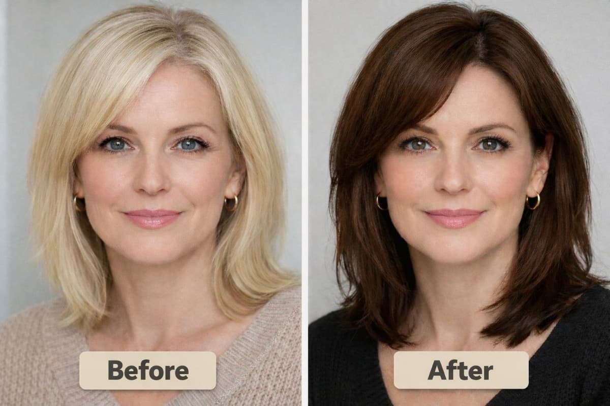 A softer brunette shade can look fresher and more balanced than a very pale blonde