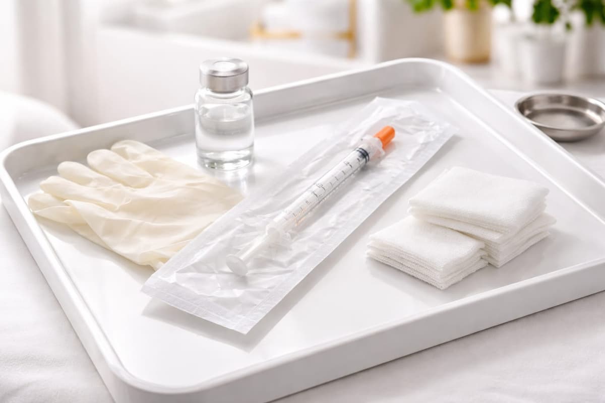 Bandeja médica estéril con guantes, jeringa y material desechable para un procedimiento estético