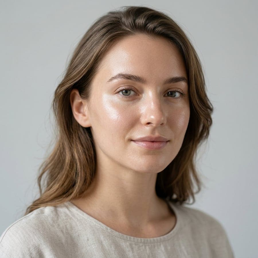 Retrato neutro de una mujer con piel de aspecto natural y luz suave