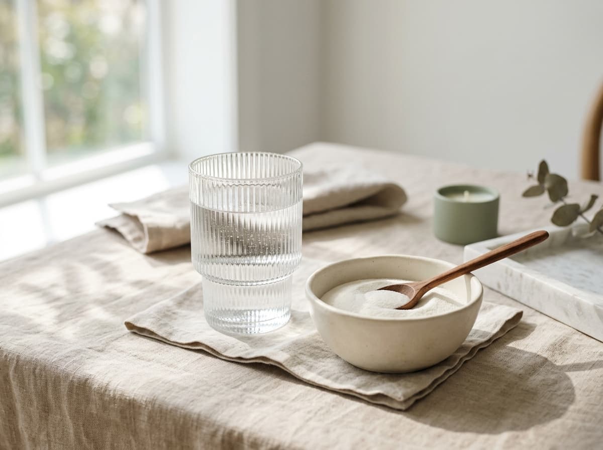 Aesthetic morning wellness table with a glass of pure water and ceramic bowl of hydrolyzed collagen peptides powder
