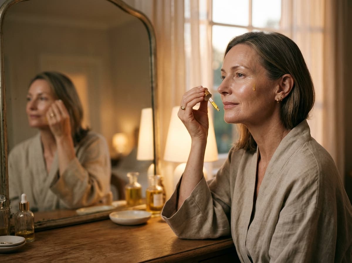 Elegant woman over 40 applying golden evening retinaldehyde rejuvenating serum in front of a mirror
