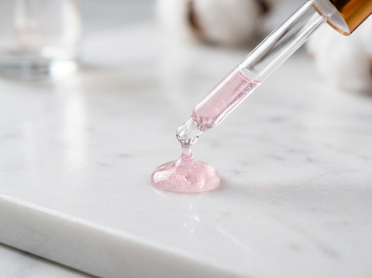 Macro shot of luxury glass dropper dispensing pink peptide and salmon PDRN biostimulation serum onto white marble