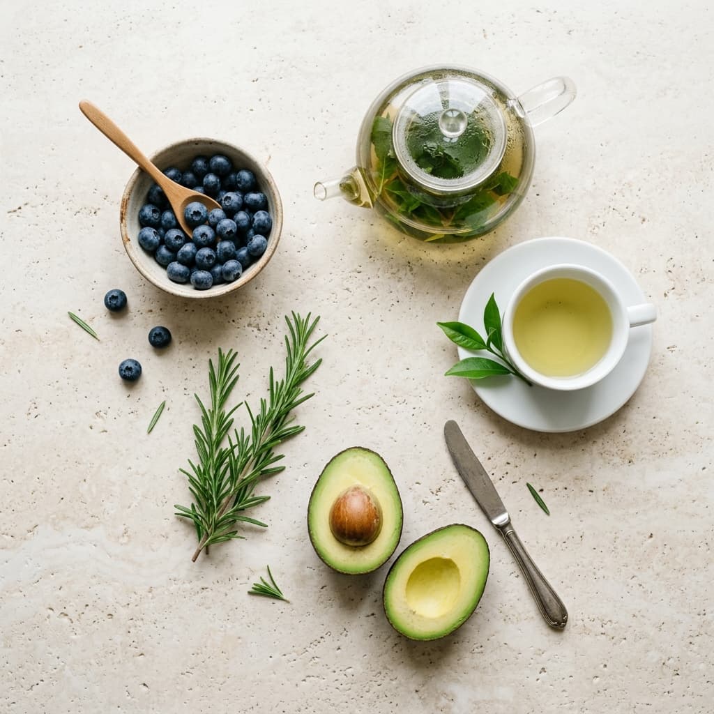 Té verde, arándanos crudos y aguacate sobre fondo claro