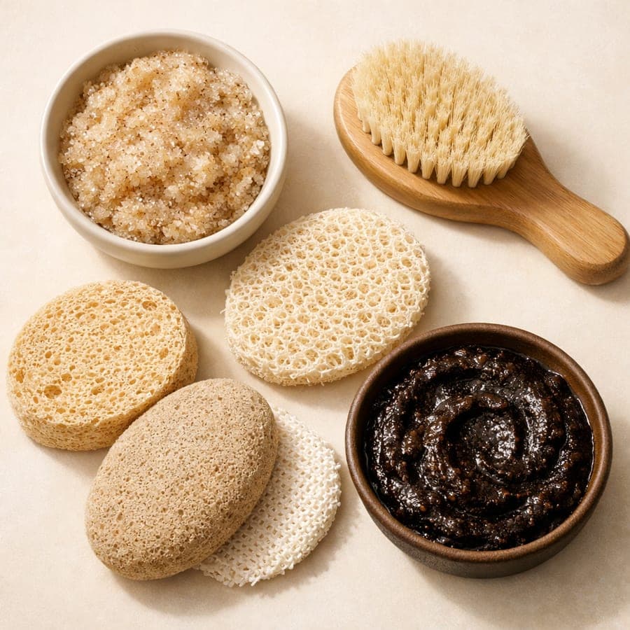 Ejemplos de herramientas agresivas para exfoliar la piel: exfoliante, cepillo, esponjas y exfoliante de café