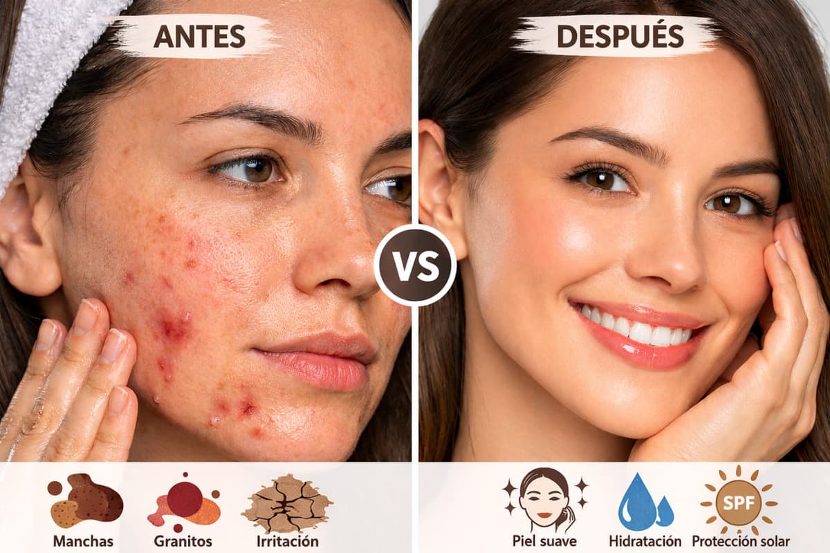 Comparación de antes y después: piel irritada frente a piel más calmada con un cuidado más suave