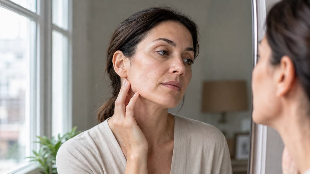 A woman checks her cheek and jawline after weight loss