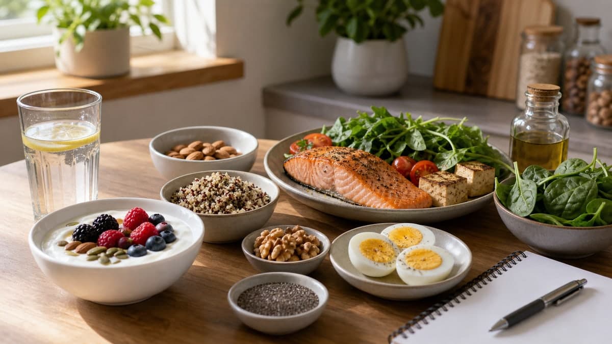 A balanced high-protein meal with greens, berries, grains, and water