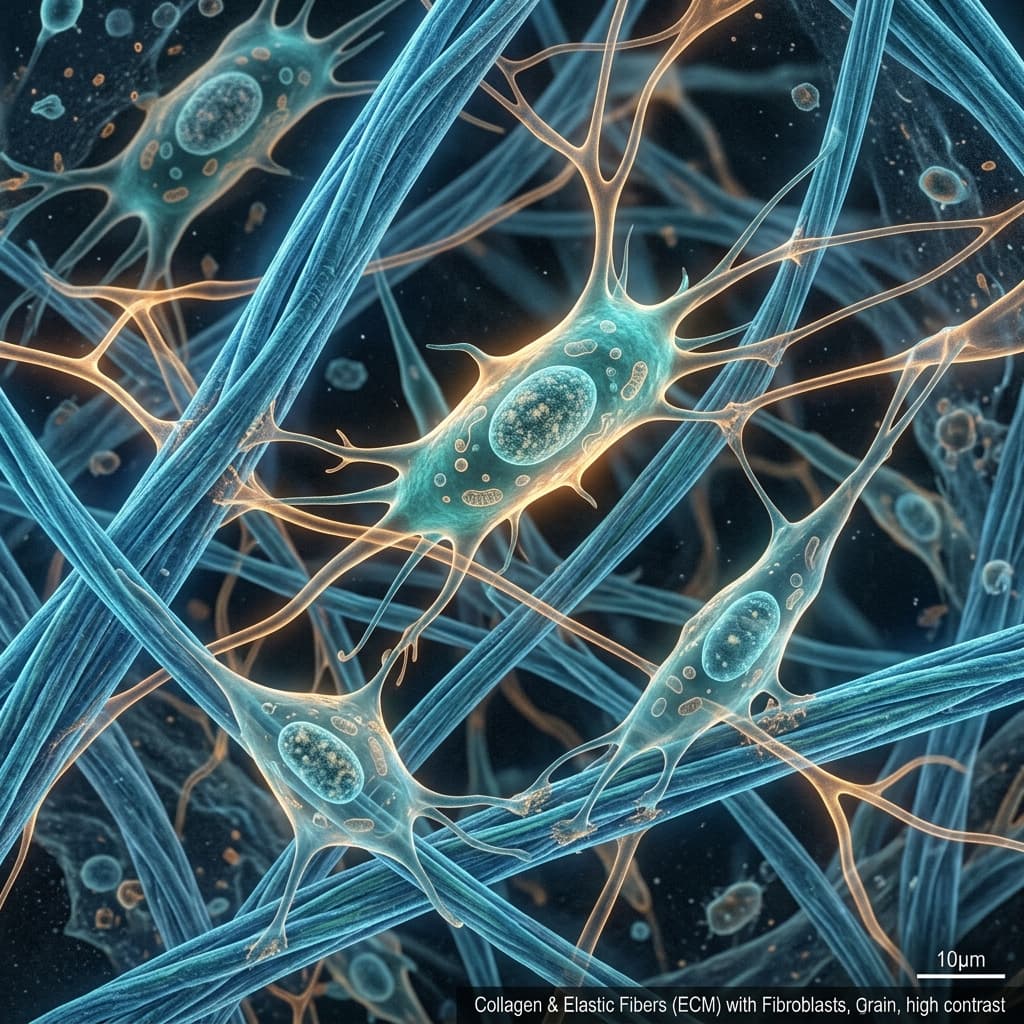 Cellular skin aging: micrograph of senescent fibroblasts and dermal collagen matrix
