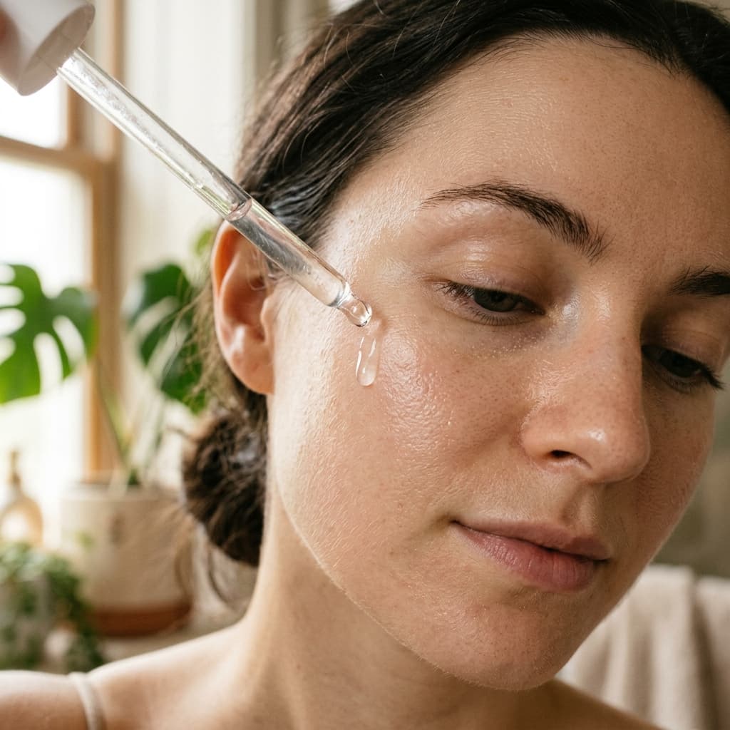 Applying active anti-aging serum with a pipette to young, well-cared facial skin