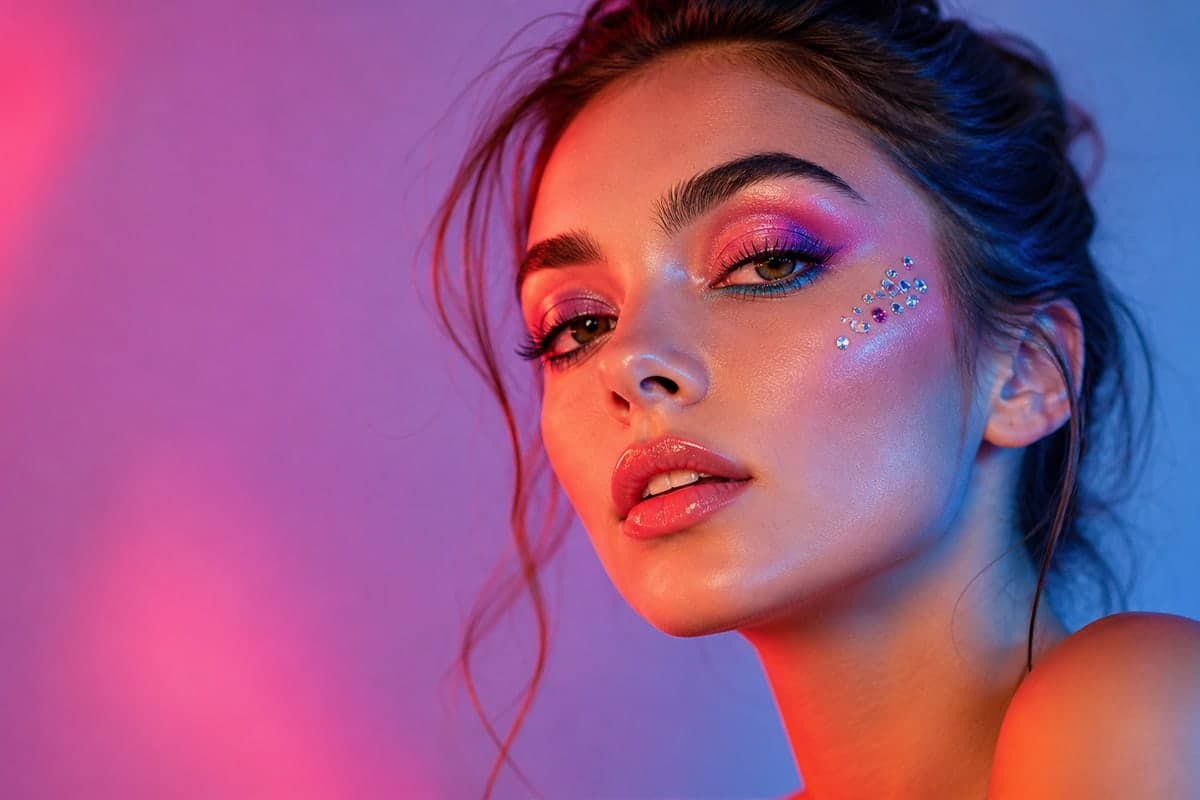 Maquillaje luminoso con pequeños detalles decorativos en el rostro