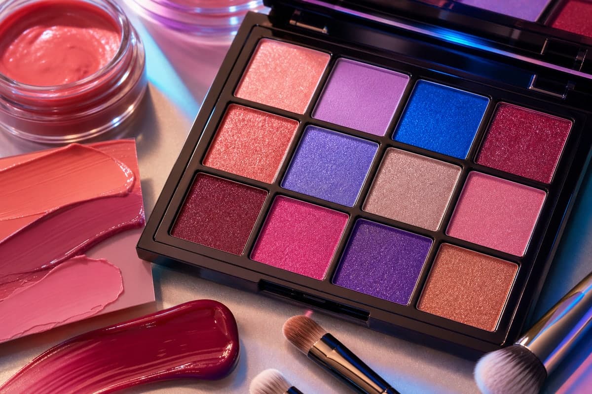 Paleta de sombras y tonos vivos para maquillaje moderno