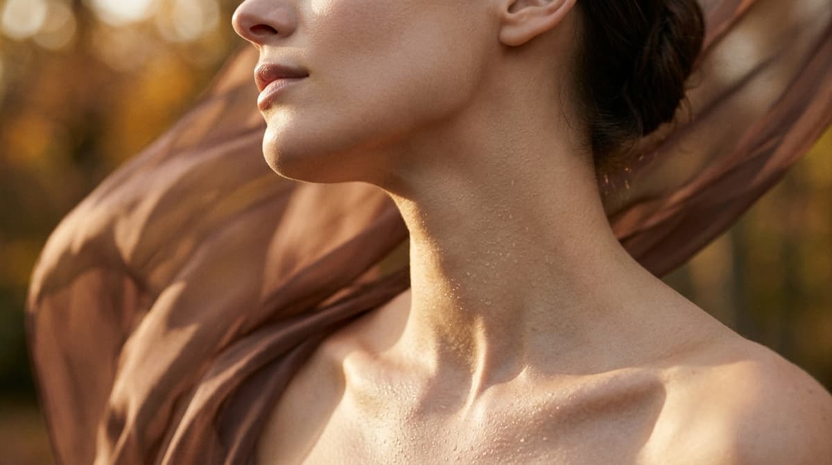 High-fashion close-up of luminous dewy skin on neck and collarbone with water droplets and sheer silk scarf in golden hour sunlight
