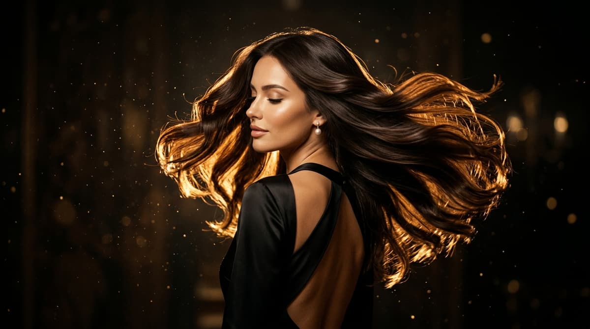 Dynamic luxury commercial visual of a woman with voluminous, silky dark chocolate hair swirling in dramatic golden amber rim light