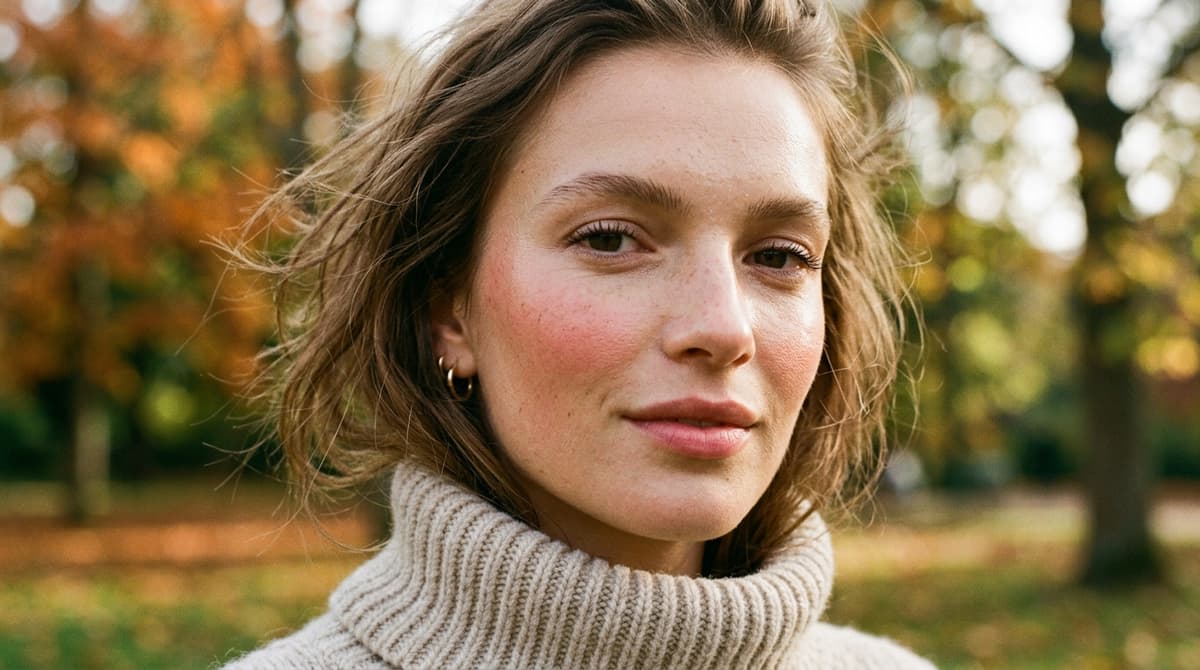 Model in cozy knit turtleneck showing fresh rosy-peach Boyfriend Blush across the lower cheeks in an autumn park