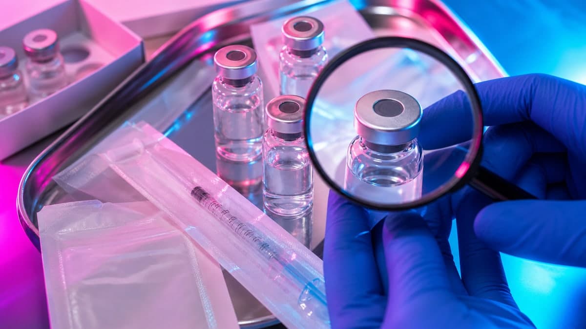 A sterile medical tray with vials, a syringe, and gloves