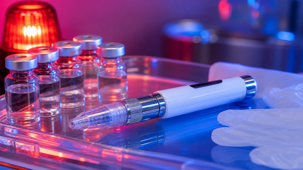 A needle-free injector and cosmetic supplies on a clinical table