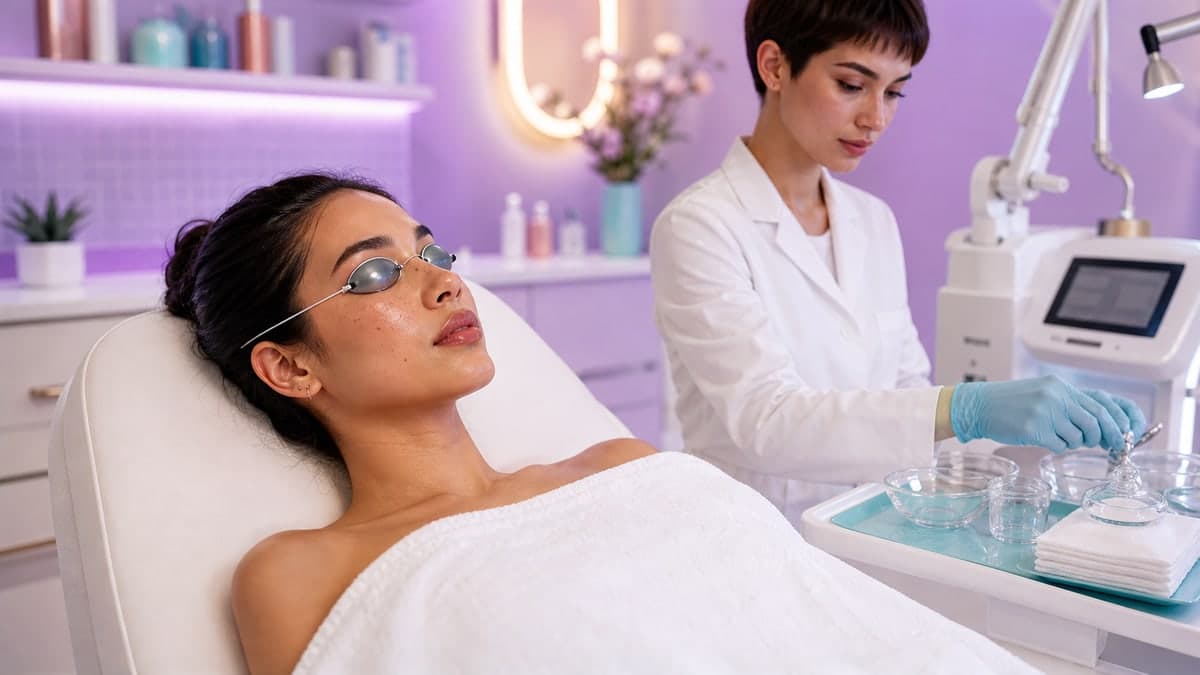 A controlled clinical procedure with eye protection and professional aesthetic equipment