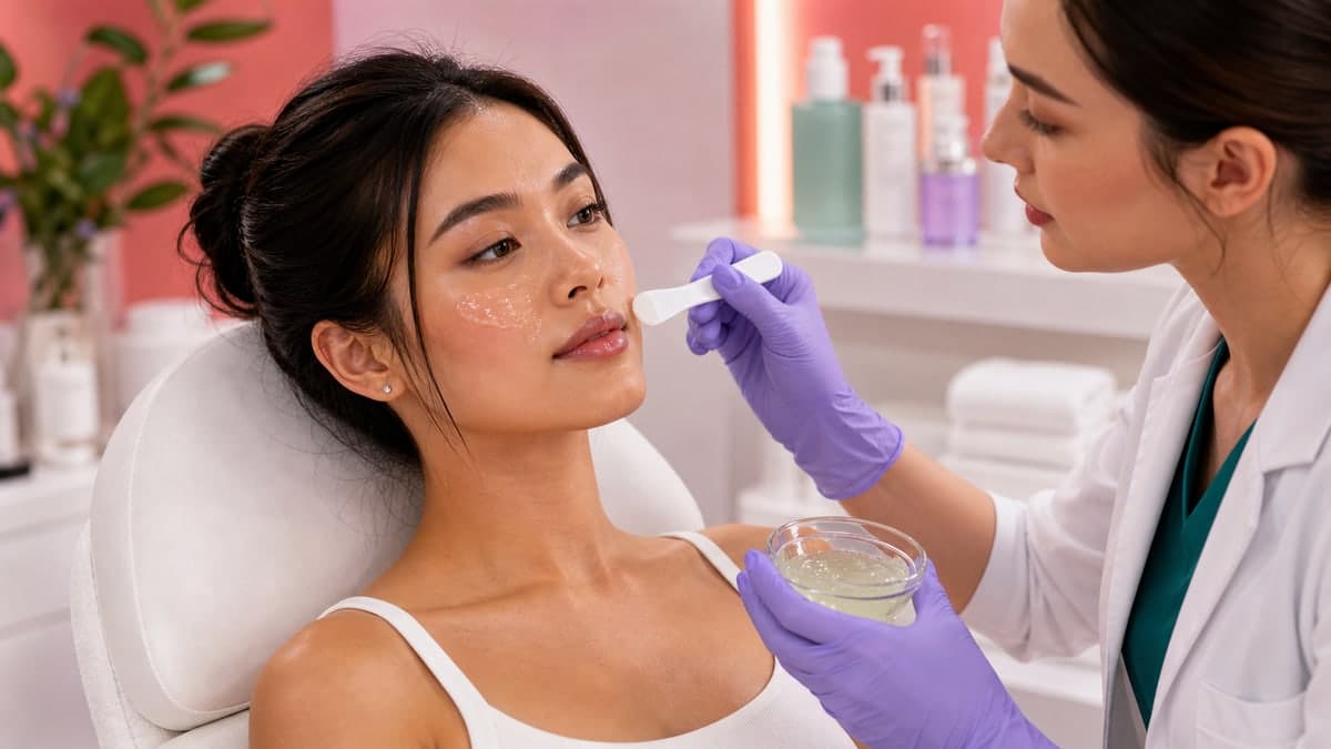A woman applies soothing gel after a skin care consultation