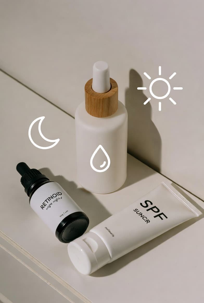 Routine diagram: evening retinoid use and morning SPF protection