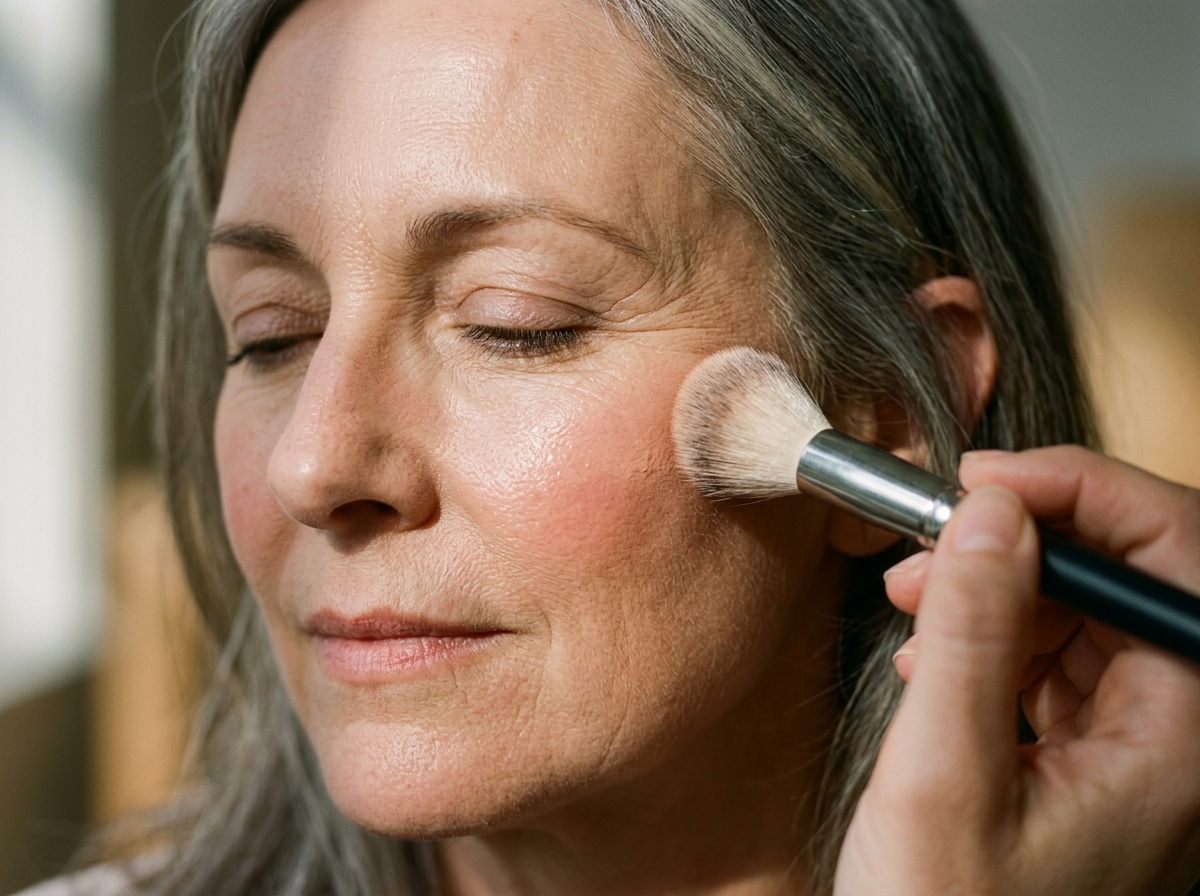 Professional makeup artist applying hydrating cream blush high on the cheekbone of a mature woman using a soft angled brush