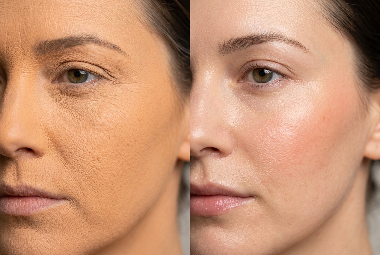 Side-by-side comparison of makeup technique: thick cakey oxidized matte foundation on left versus dewy radiant breathable skin tint on right