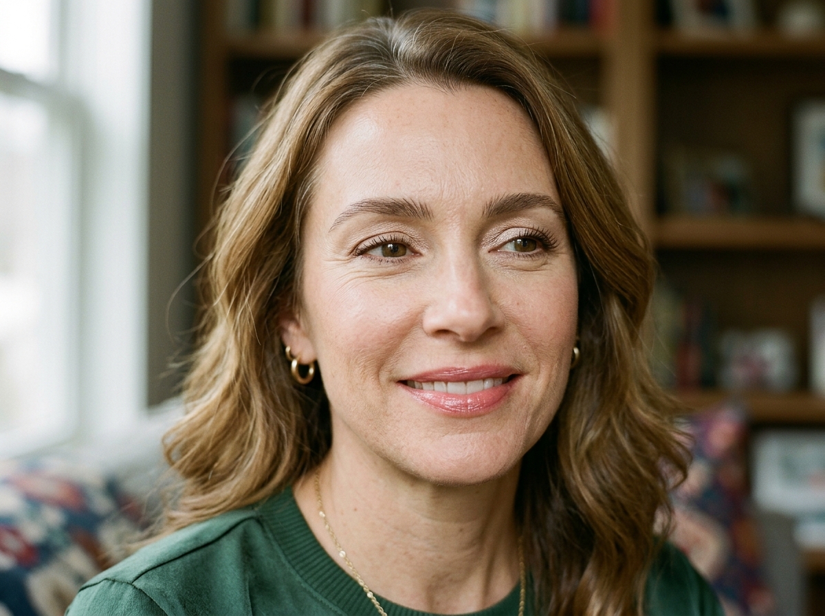 Close-up portrait of mature woman with lifted eyes, soft satin eyeshadow, feathered brows, and glossy hydrated lips