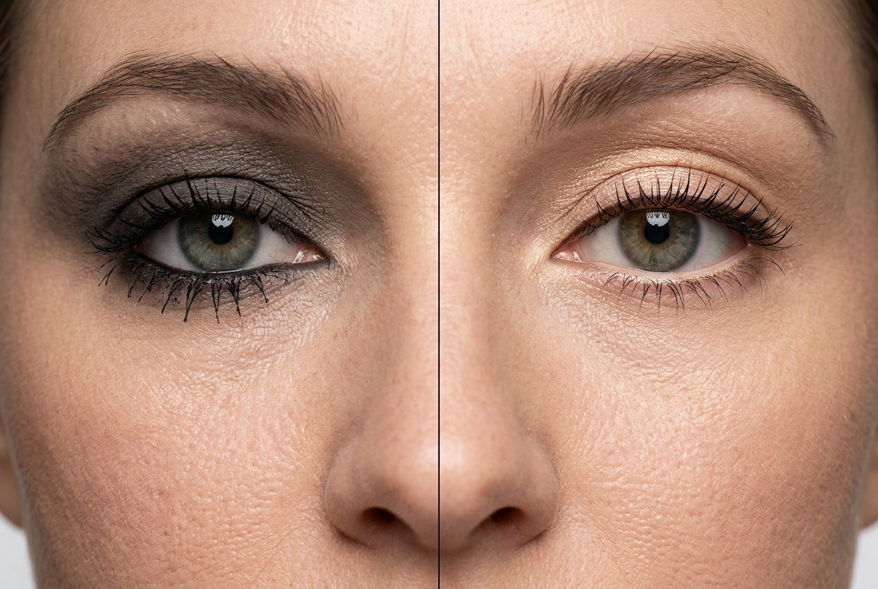 Macro side-by-side comparison of eye makeup: dark heavy lower eyeliner and matte lid on left versus luminous champagne satin shadow with clean upper tightline on right