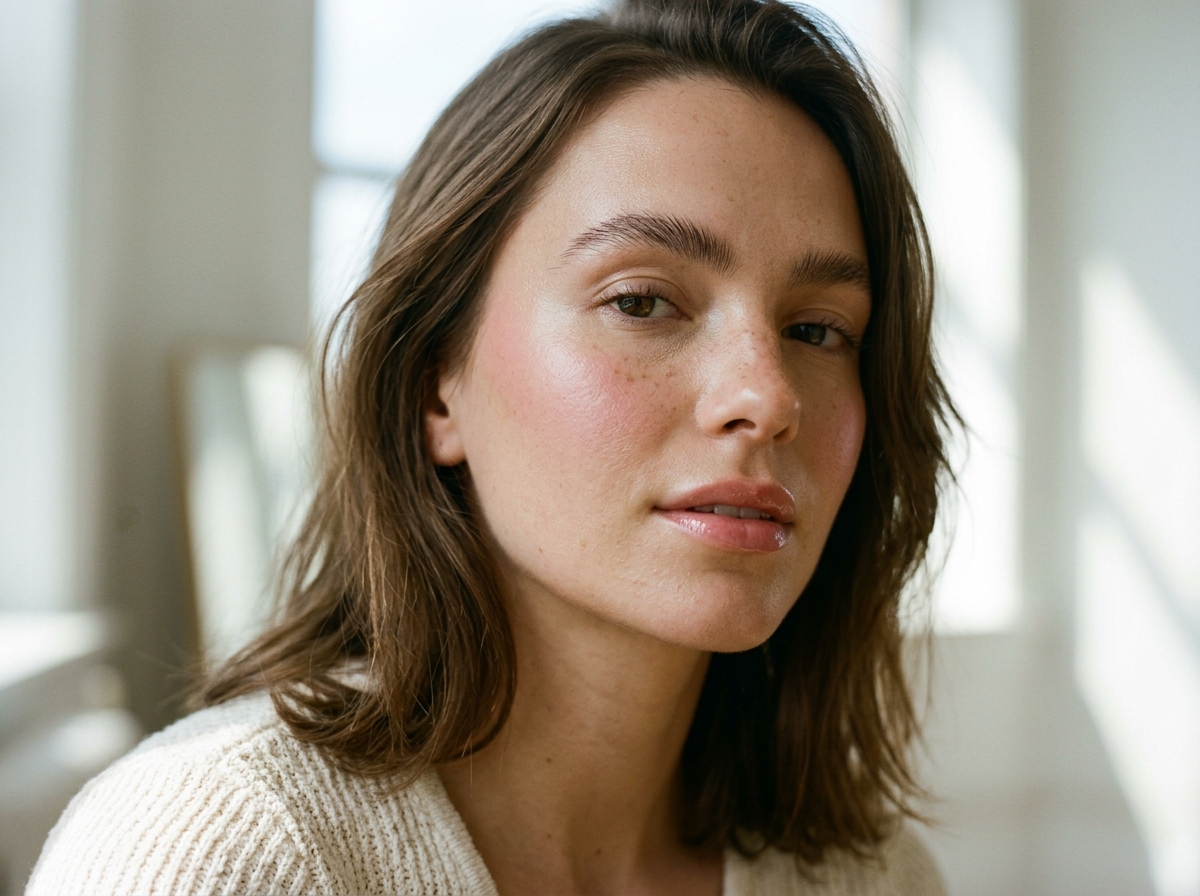 Fresh, youthful 20s model with radiant glass skin, subtle freckles, dewy cream blush and feathered brows