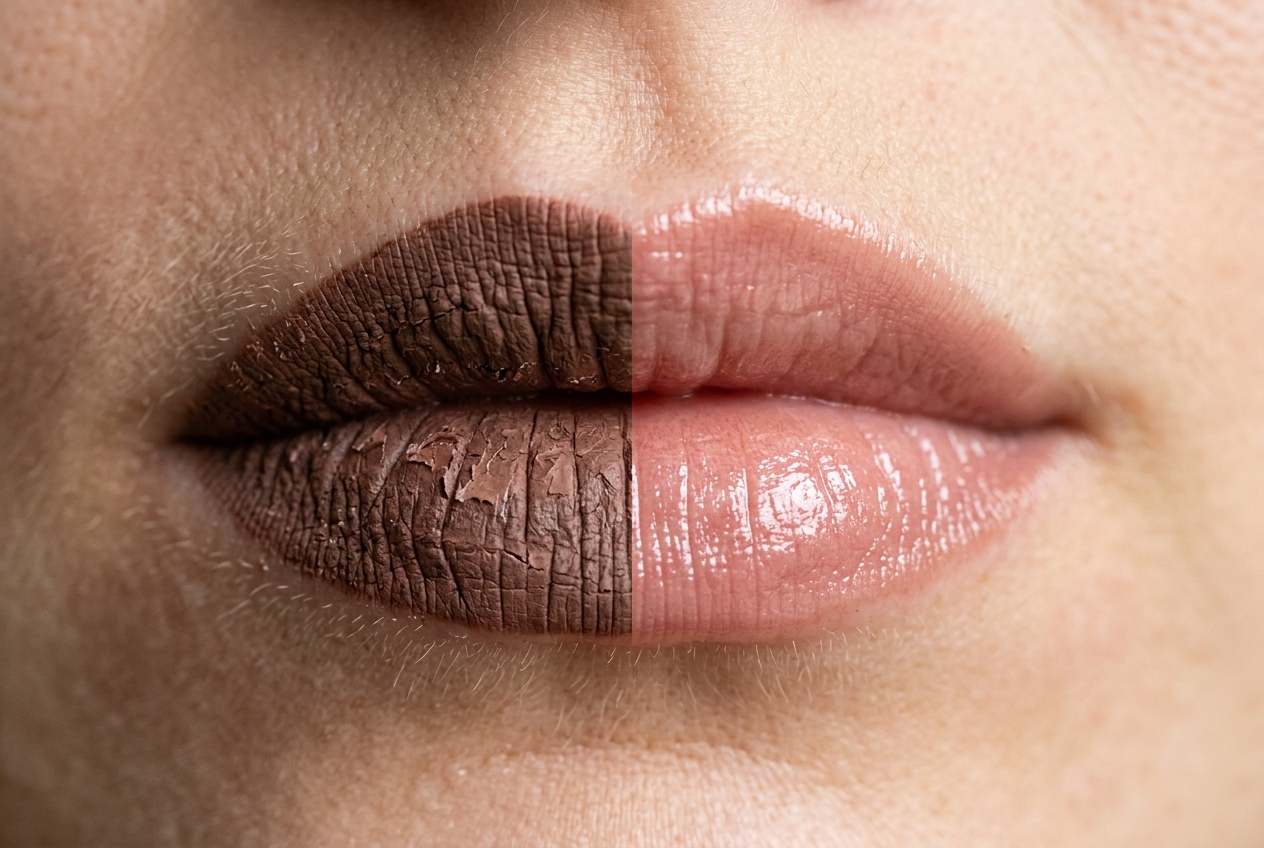 Macro side-by-side comparison of lip makeup: drying cracked dark matte liquid lipstick on left versus hydrating plump satin nude-rose lip with light reflection on right