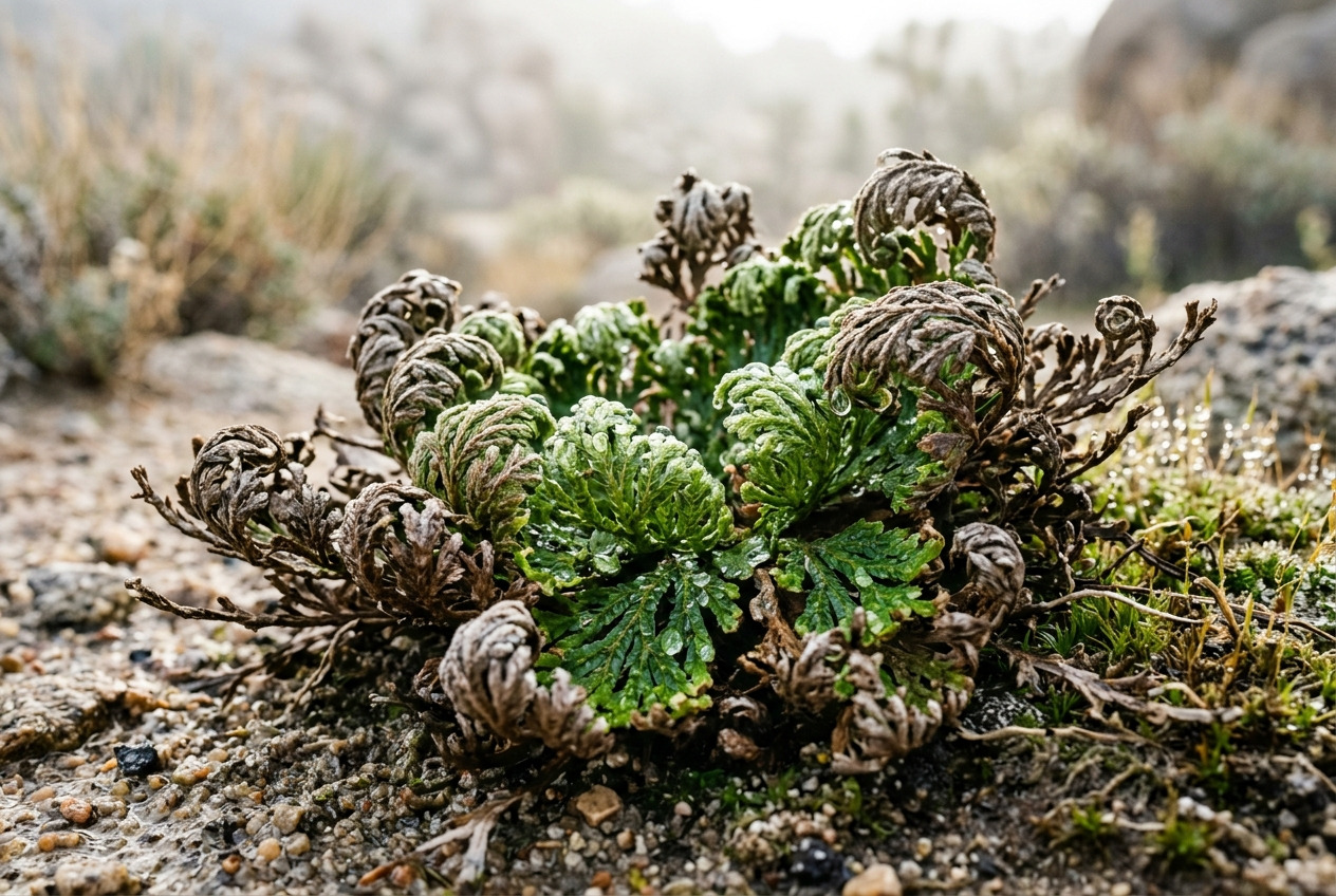 Jericho resurrection plant reviving under moisture exposure