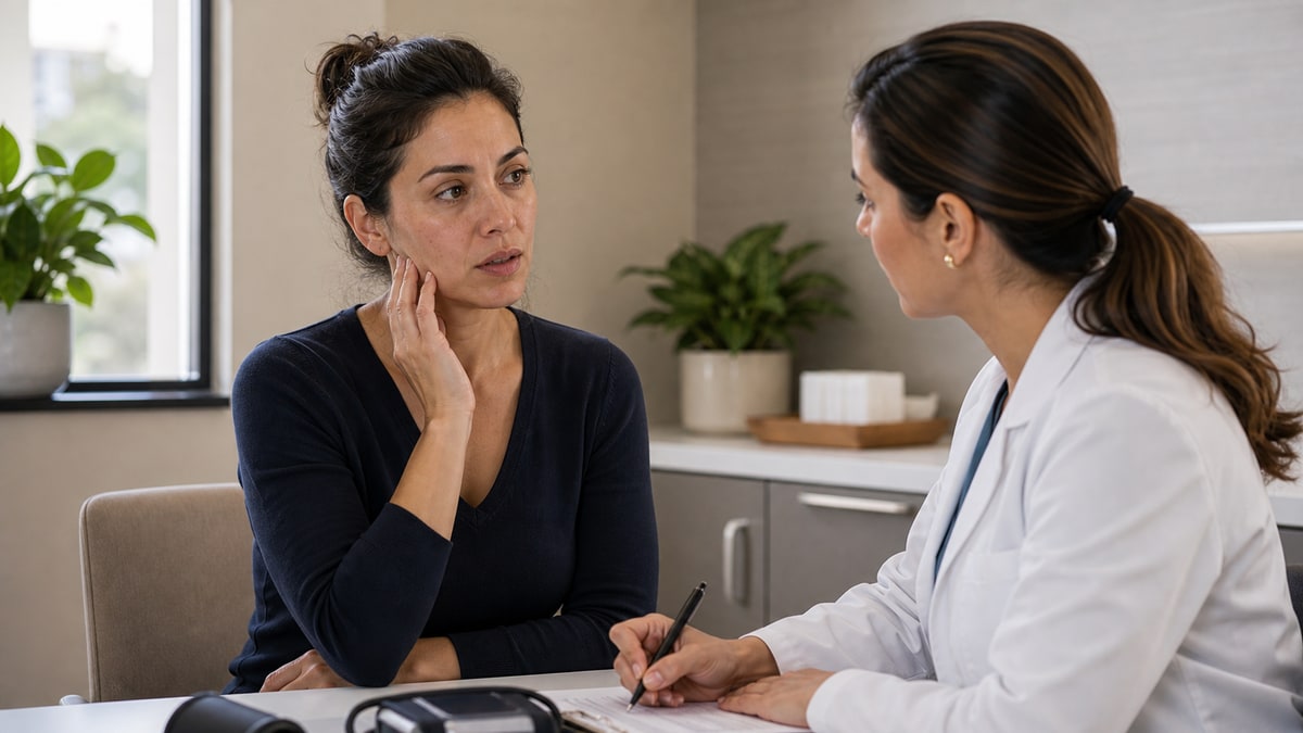 A doctor discusses facial swelling and warning signs with a patient