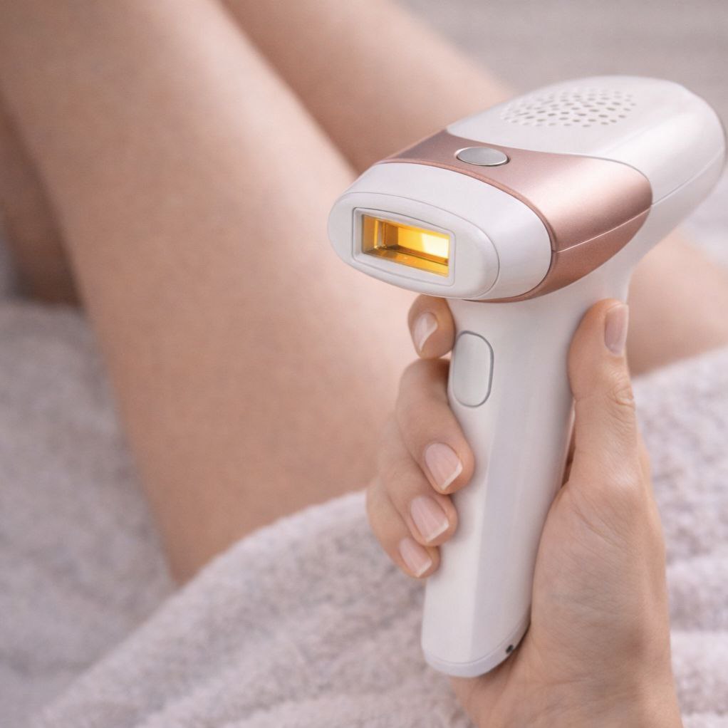 Woman using device for hair removal