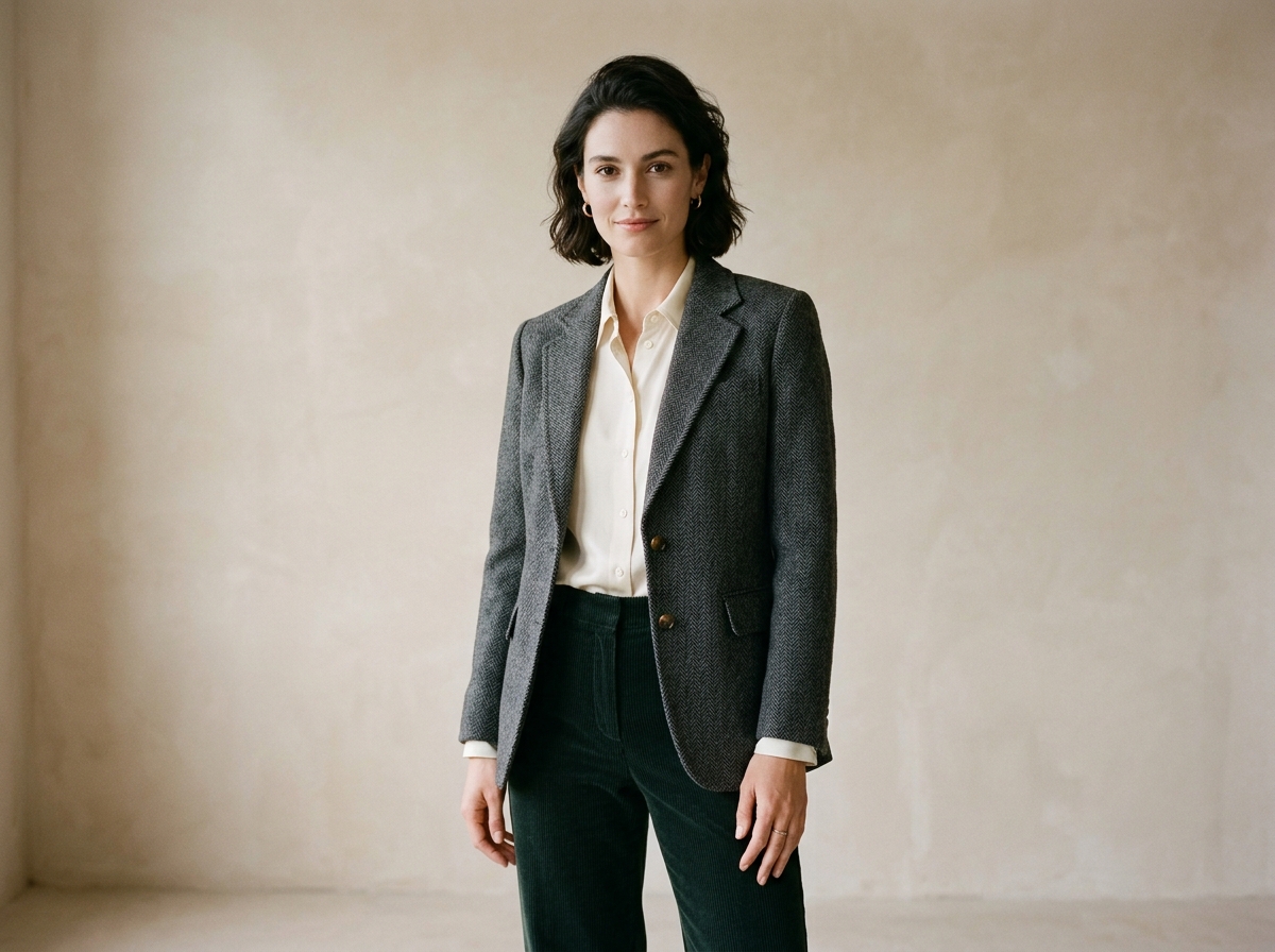 Sculptural tailored tweed blazer with horn buttons paired with rich forest green corduroy wide trousers