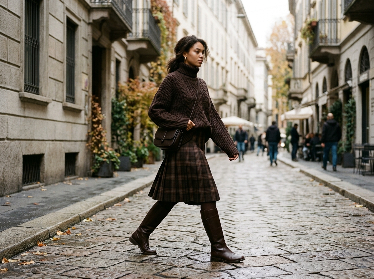 Chic monochromatic autumn look in dark chocolate espresso: chunky merino knit sweater with pleated wool tartan skirt
