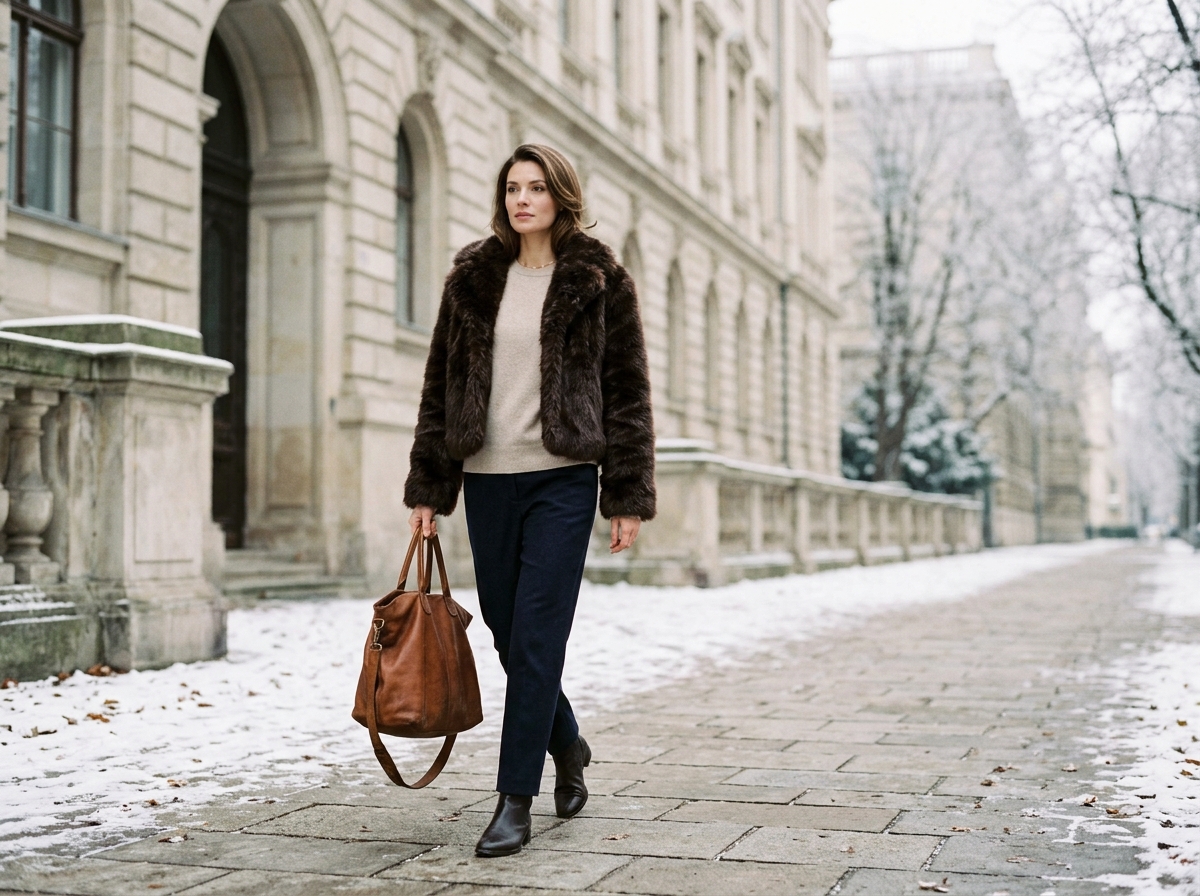 Winter city street style: model in cropped chocolate faux fur jacket carrying an oversized slouchy vintage calfskin tote