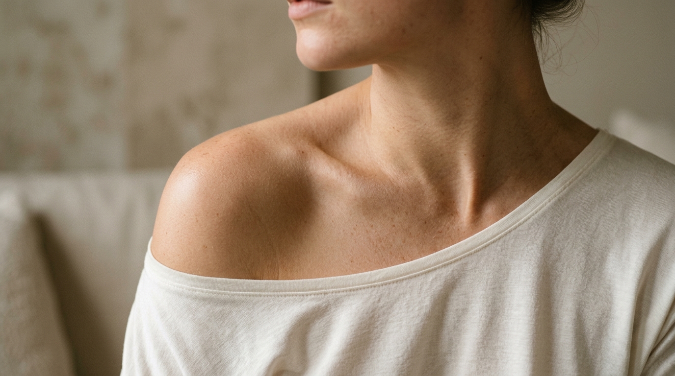 Editorial beauty portrait of a model in an ivory eucalyptus lyocell and silk top softly draping over bare shoulder with candid skin texture
