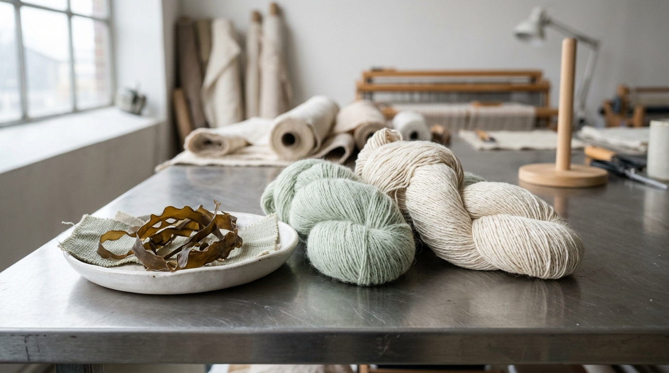 Contemporary textile design studio still life showing skeins of pale green SeaCell algae yarn and zinc lyocell threads beside botanical specimens