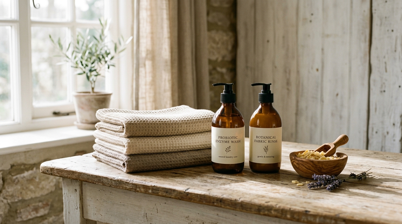 Minimalist Parisian bathroom still life featuring amber glass bottles of probiotic enzyme laundry detergent and folded waffle organic cotton towels