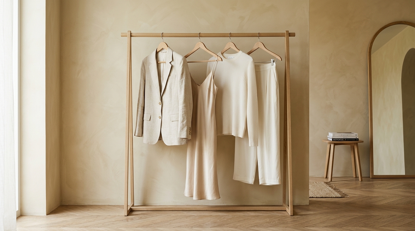 Architectural oak clothing rail in a minimalist walk-in dressing suite holding an organic linen blazer, champagne silk dress, and cashmere knit