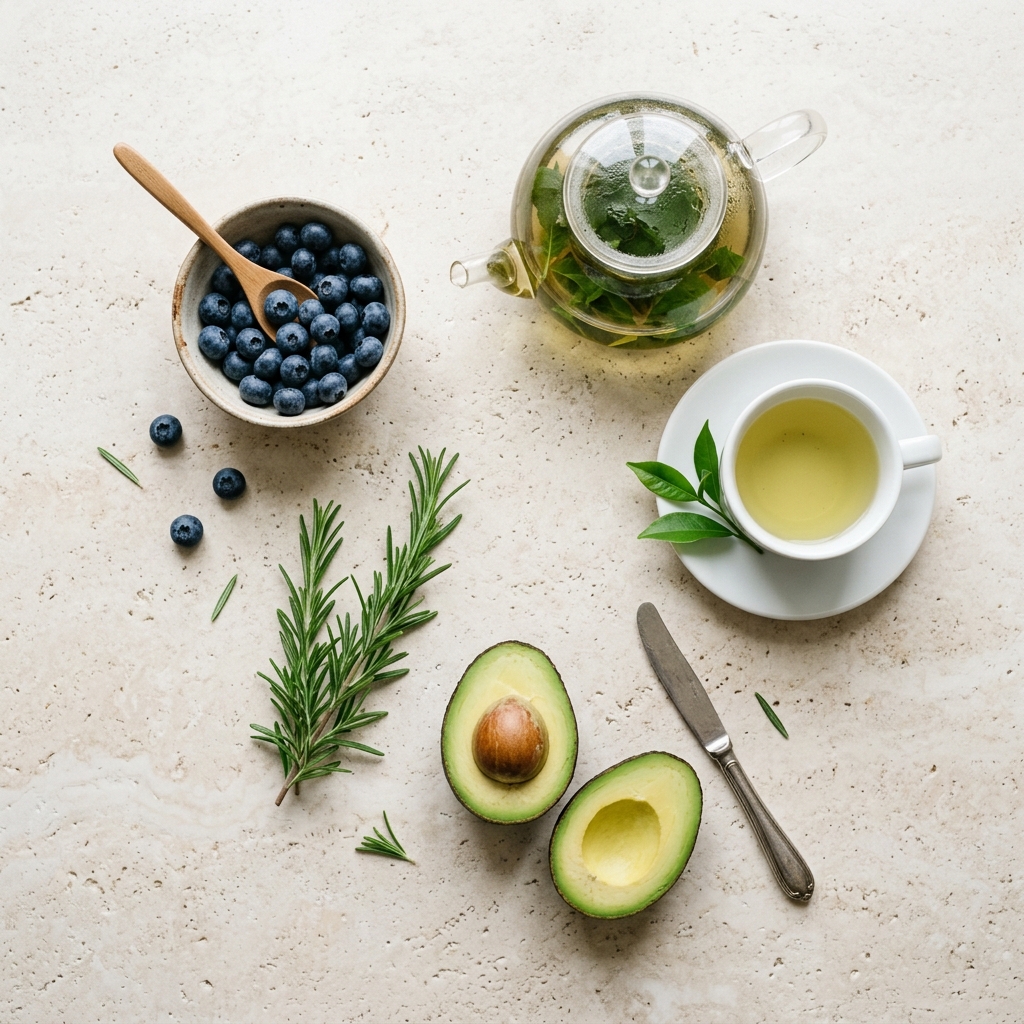 Minimalist flatlay of green tea, raw blueberries, and avocado
