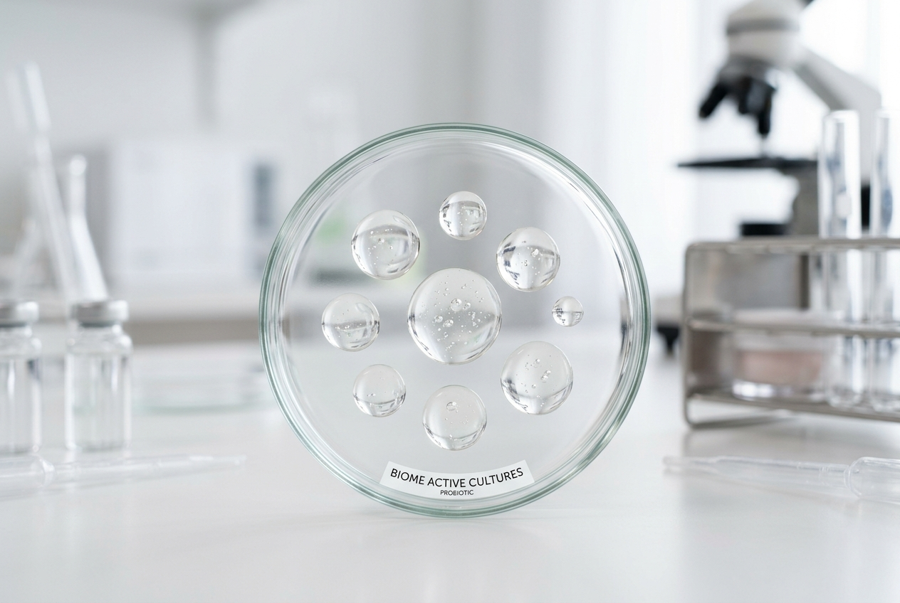 Cosmetic Petri dish containing transparent Bifida Ferment Lysate liquid